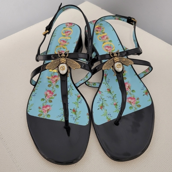 Gucci Shoes - Gucci Black Sandals with Gold Bee Detail